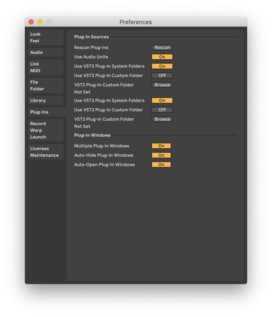 Ableton Live Preferences showing "Use Audio Units" "On" setting ticked.